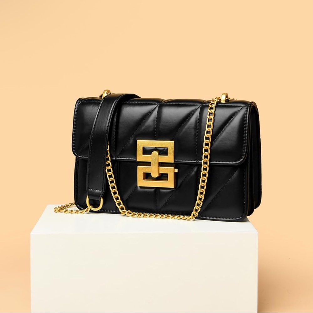 Black Quilted Vegan Leather Shoulder/Crossbody Bag, Gold Chain Strap.